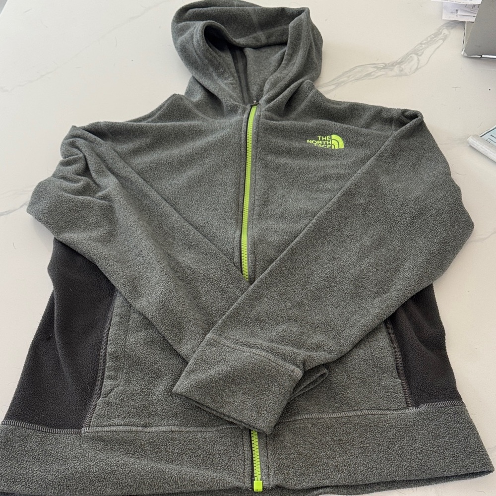 The North Face Kids Gray Hooded Fleece Jacket with Lime Accents